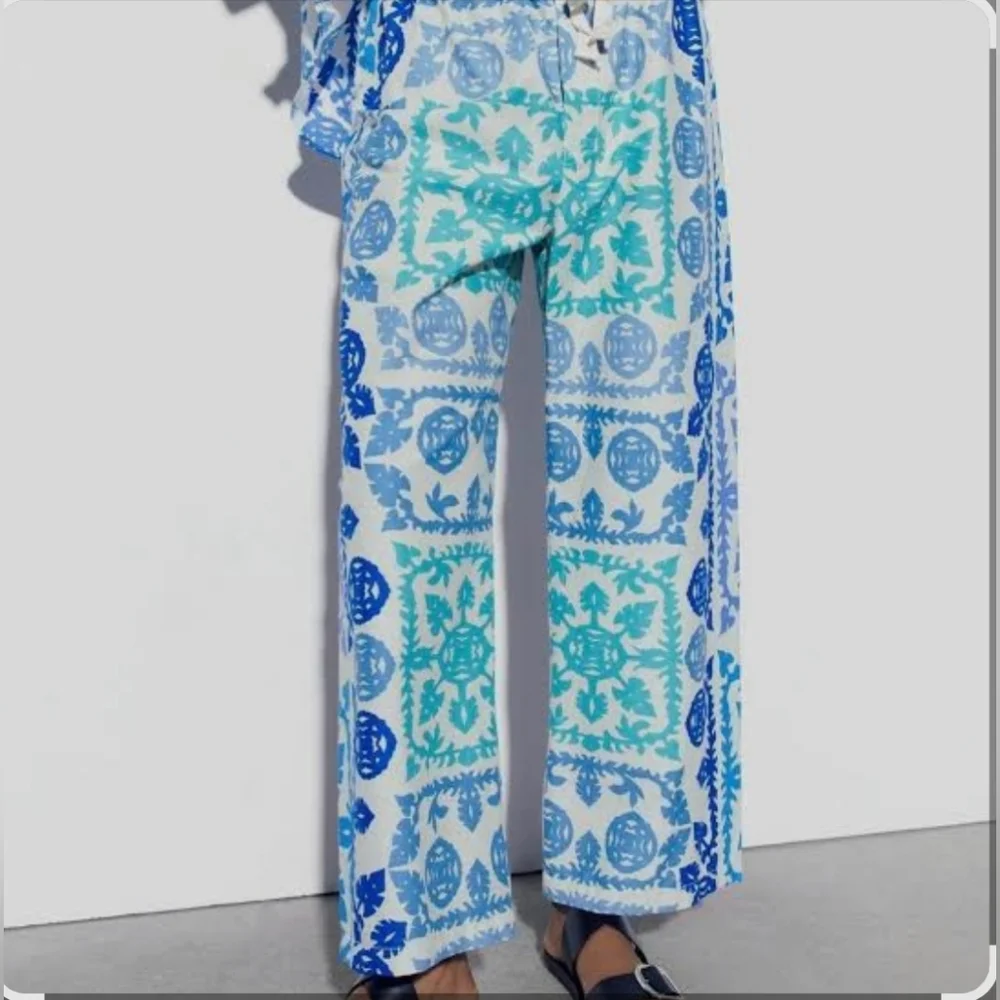 Zara NWT Printed Poplin Cotton Pants Size XXL Wide Leg Trousers Colorful Boho - Picture 1 of 11